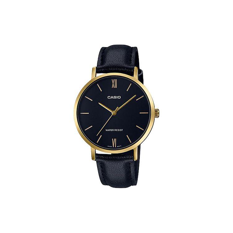 Casio Standard Series Gold Watch Frame Water Resistant Quartz Movement Leather Strap Women watches Black LTP-VT01GL-1B Regular Box,Black Dial