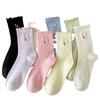 Spring and Autumn Socks, Women's Embroidered Tulip Mid-calf Socks, Sweat-absorbing Cream Black Fungus Edge Lace Long Calf Socks