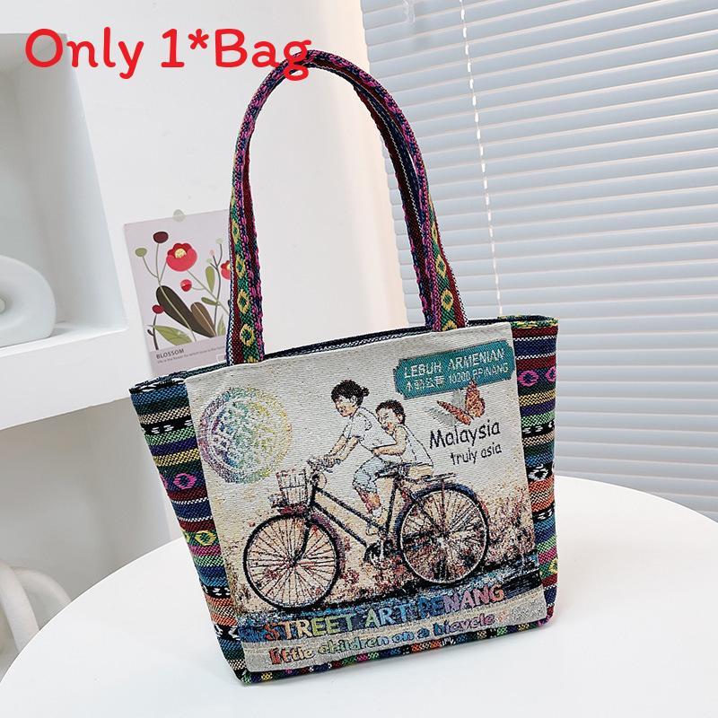 Elephant Embroidered Canvas Handbag With Dual Handles For Casual Daily Use
