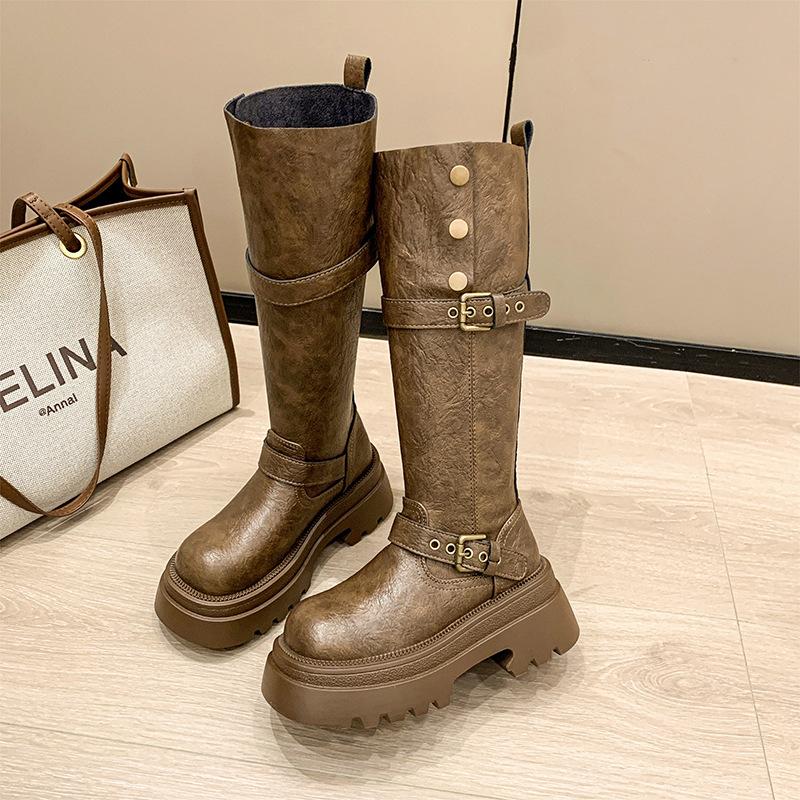 Maillard Brown Fashion Boots Women's 2025 Spring and Autumn New Thick Leg Heightening Knight Boots Small Tall Boots