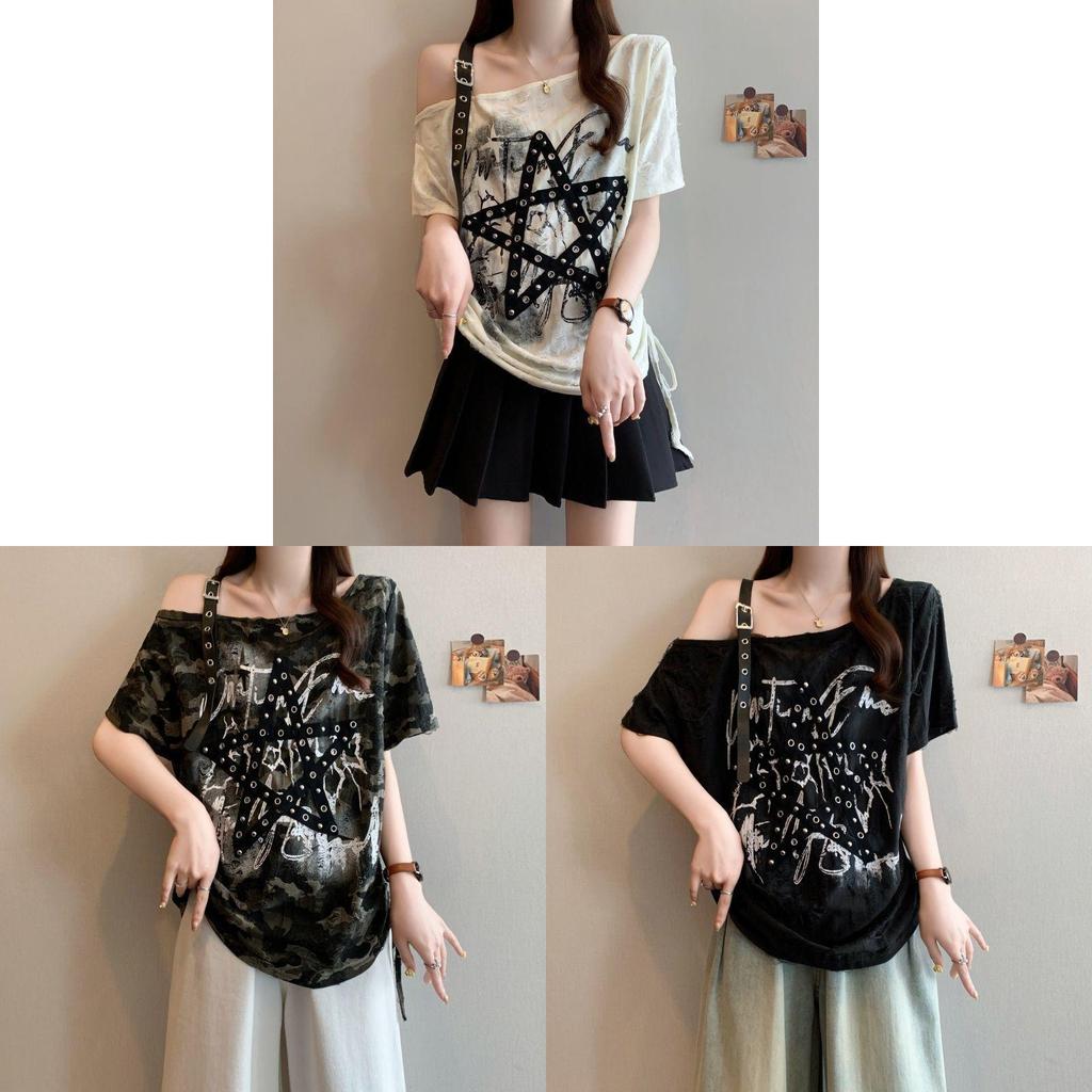 Summer Polyester Letter Print T Shirt With Ruching And Slanted Neck For Casual Women