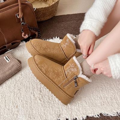 2025 Winter New Snow Boots Women's Korean Version of Round Head Retro Heightening Cotton Shoes Thick Sole Velvet Thickened Short Boots