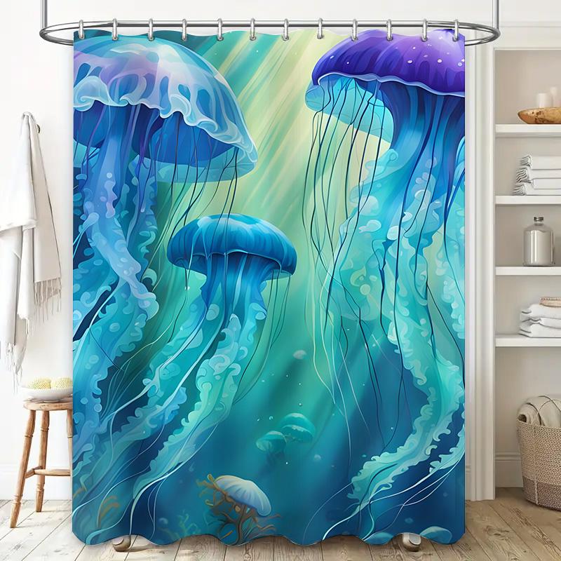 Underwater World: Colorful Jellyfish Shower Curtain Set for Bathroom Decor 72x84 inches Water-resistant Fabric with Hooks Includ