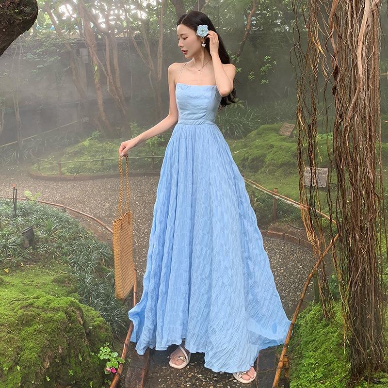 Super Fairy Design Sense Summer Waves Blue Pure Desire Vacation Backless Waist Thin Big Skirt Suspender Long Dress