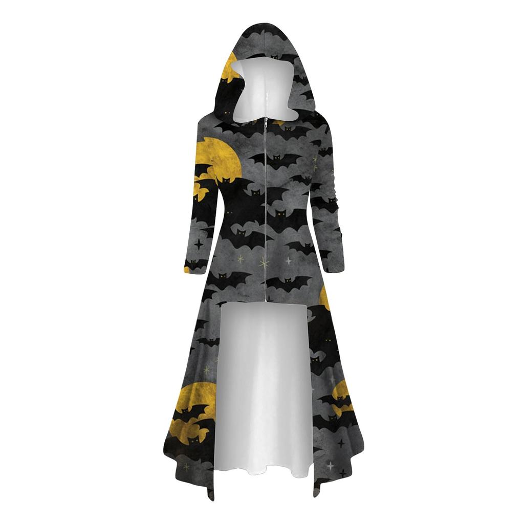 Mode Damen Tops Halloween Langarm Lange Kapuze Vintage Reißverschluss Cape Lose Kleider