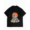 Damen Freizeit T-Shirt Schwarz Chucky Puppe Spielbausteine Print Grafik T-Shirt Alltagskleidung