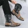Men’s Western Boots Pointed Toe Leopard Print Casual Retro Dress Zipper Leather Men’s High Boots for Men Plus Size