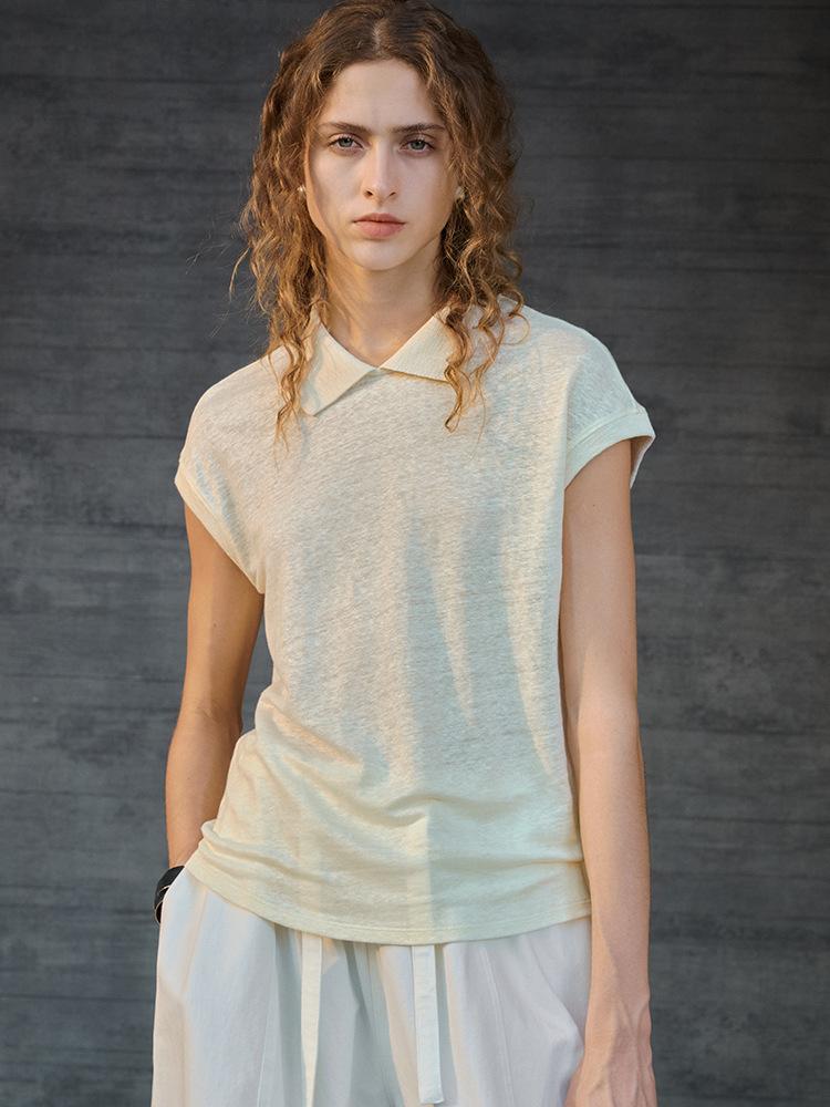 Premium Hemp Short-sleeved Women's Summer Hemp POLO Shirt Commuter Knitted T-shirt Old Money Style Simple Lapel Top