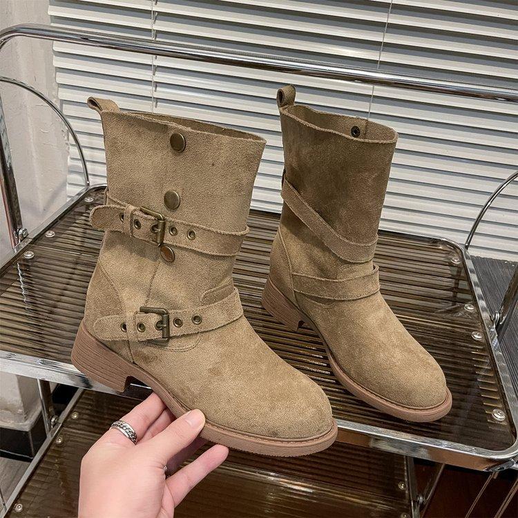 Cowhide Version! Seoul Flanged Boots~ 6cm Inner Height Increase Buckle Thick Heel Desert Boots Outdoor Short Boots Women's Western Boots