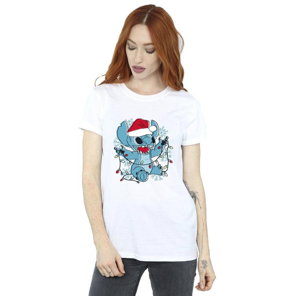 Disney Womens/Ladies Lilo And Stitch Christmas Lights Sketch Cotton Boyfriend T-Shirt