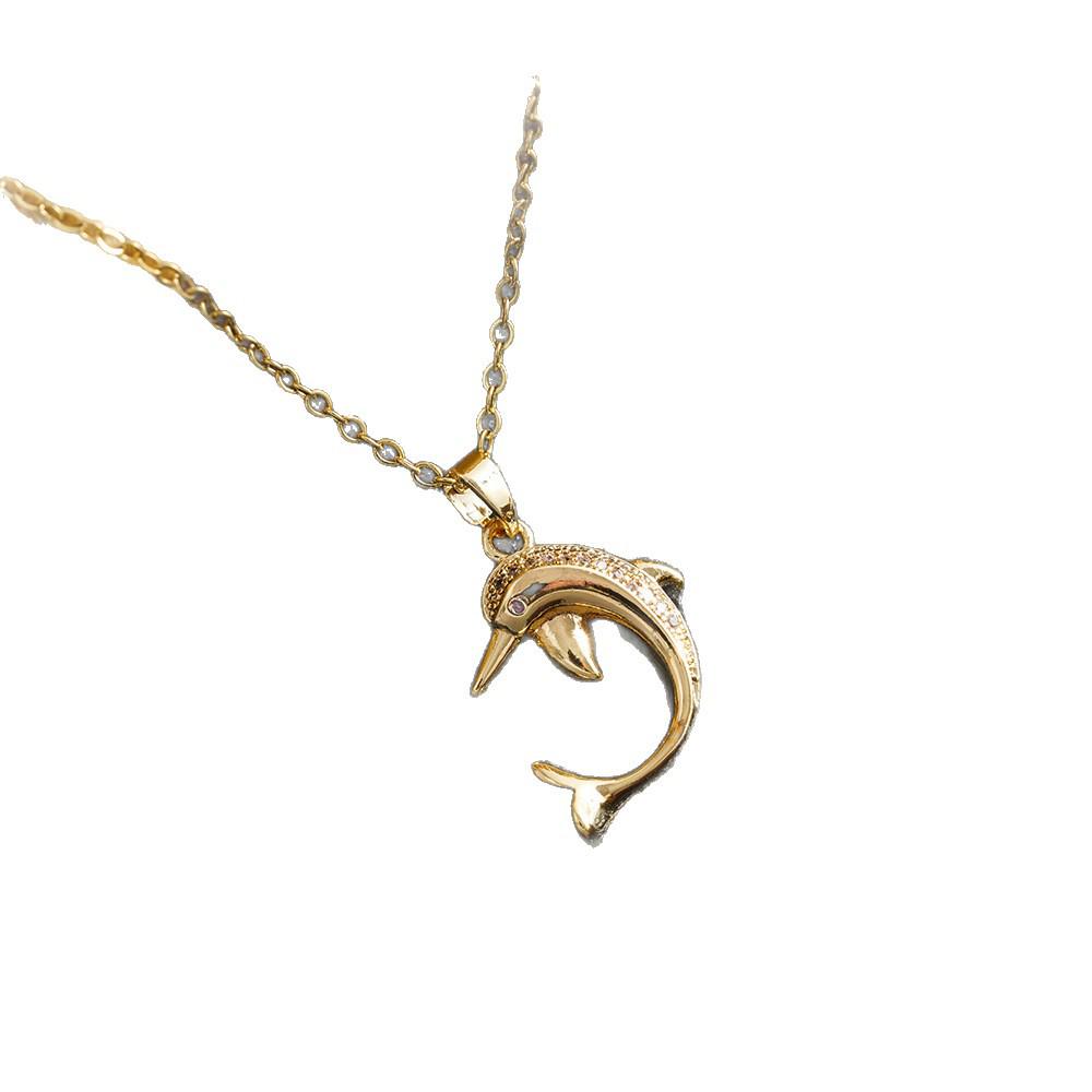 Trendy Titanium Steel Dolphin Necklace with Zircon Inlay