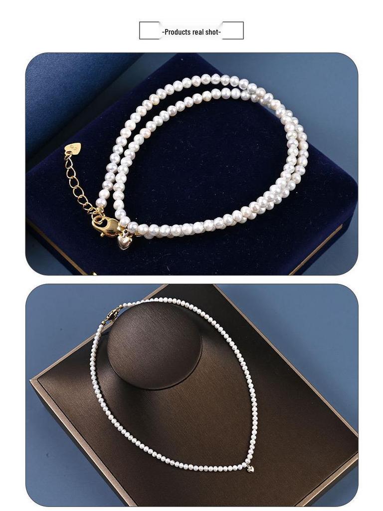 Mini-Choker-Halskette aus natürlichen Süßwasserperlen - 3-4 mm Reisperlen, Damen-Schlüsselbeinkette