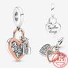 Real New Rose Gold Heart Padlock Double Charm Fit Fashion Snake Bracelet 925 Sterling Silver Charms Jewelry Girls Gift Making