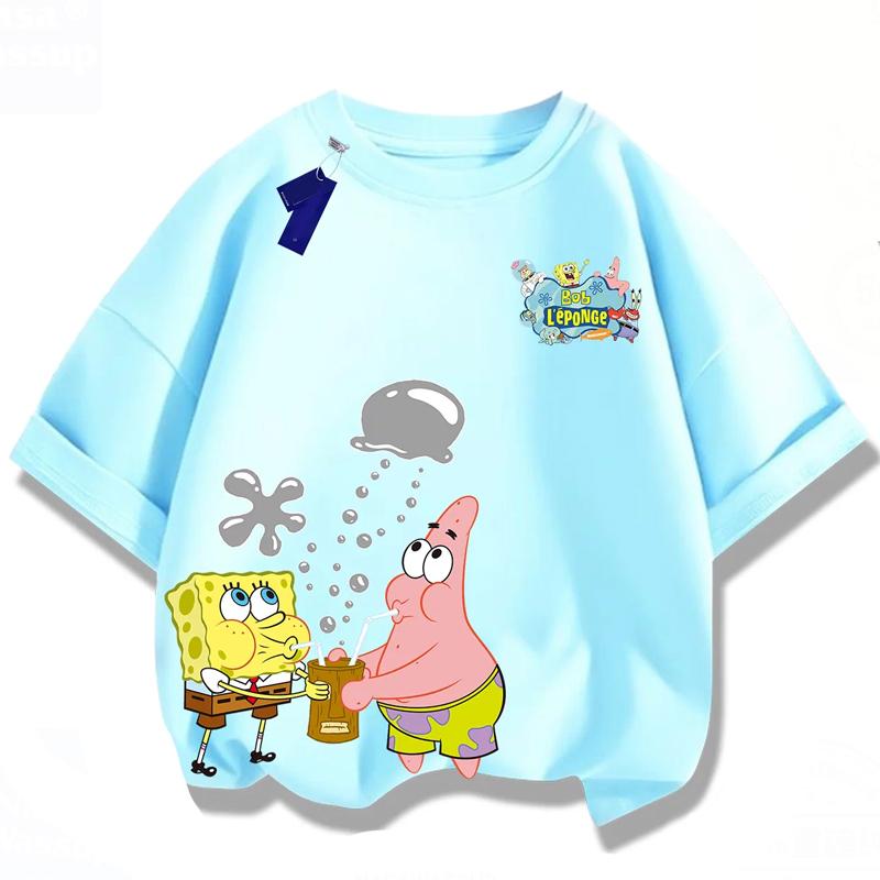 Summer 2026 Boys T-Shirt SpongeBob Girls Short Sleeve for Boys Girls Children Combinable with Everything Back To School
