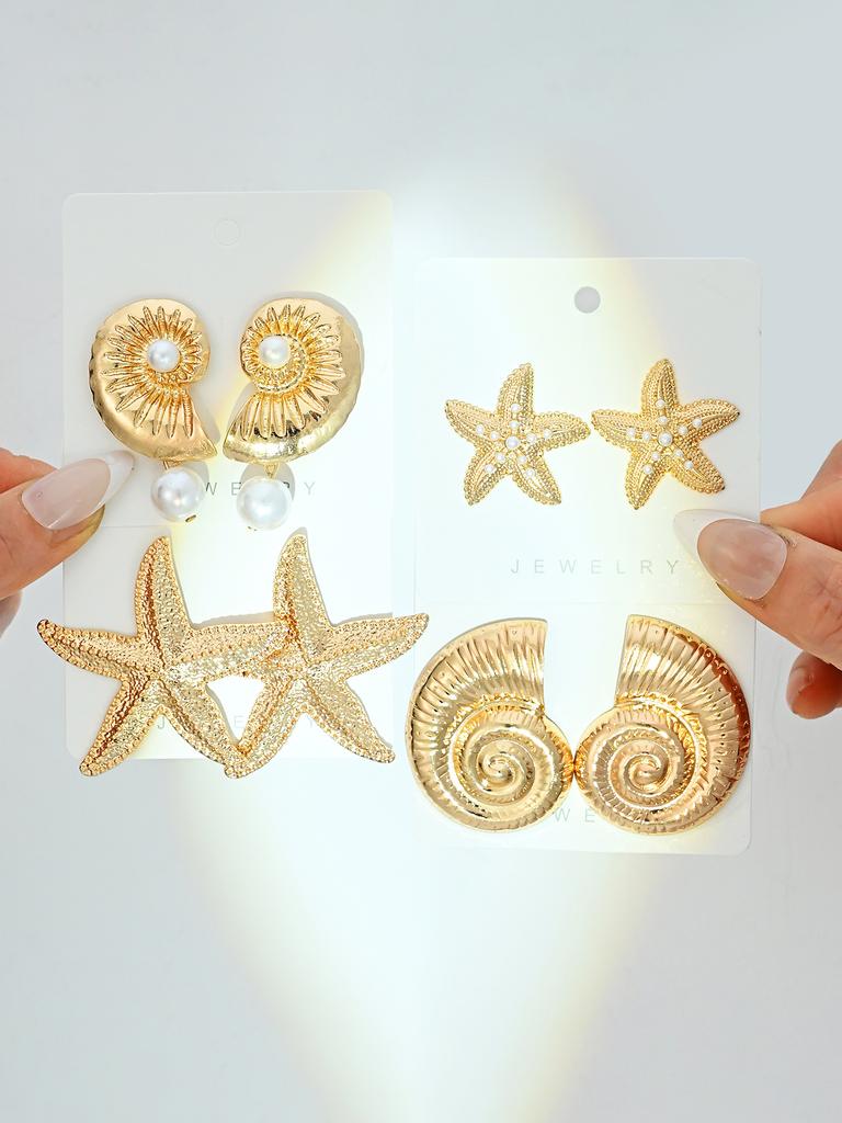4Pcs Vintage Summer Starfish Conch Earring Set Gold Color Imulated Pearl Stud Drop Earrings for Women Beach Daily Jewelry Gifts