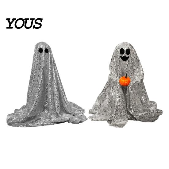 Decorative Ghost Sculpture Halloween Decoration, Outdoor Shiny Figurine with Sequin Cloth, Light Collectible Up Spooky for Parties, Lawn, Porch Decor