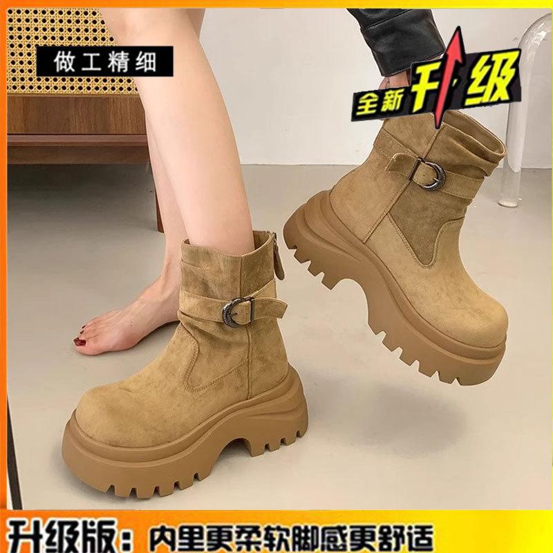 Leather thick-soled heightening boots women's 2025 autumn new versatile and thin short boots British wind locomotive Martin boots