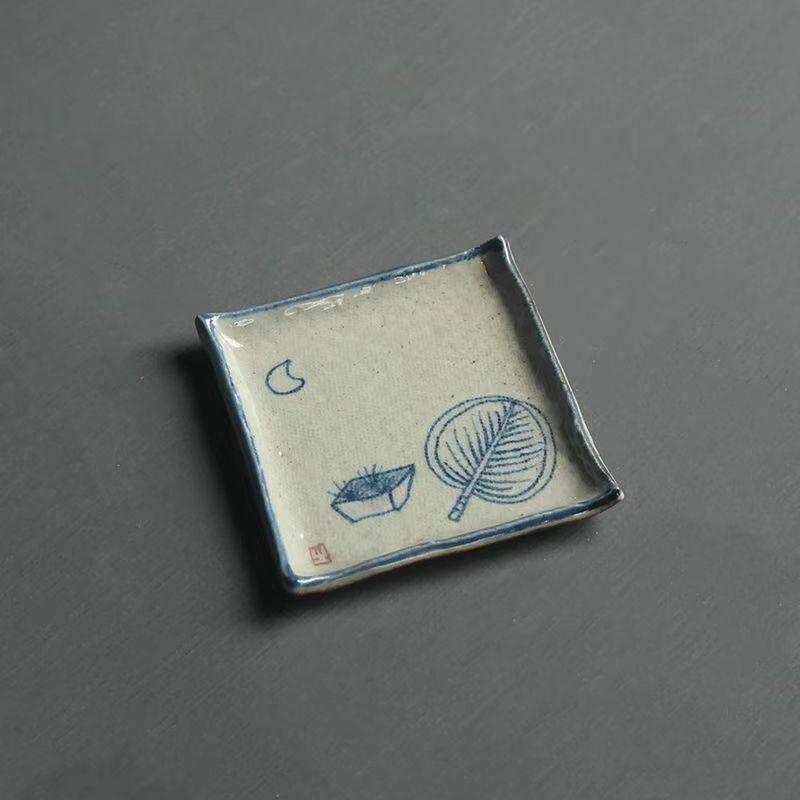 

Handmade Ceramic Tea Coaster Square Cup Holder Blue White Porcelain Kung Fu Tea Set Zen Style