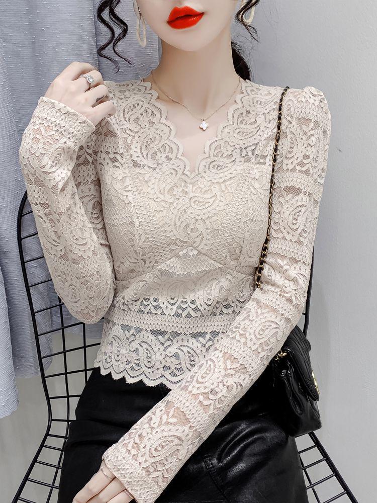 Women's Slim Fit French Collar Lace Shirt - Long Sleeve, Hollow Out, Sexy Spring Top