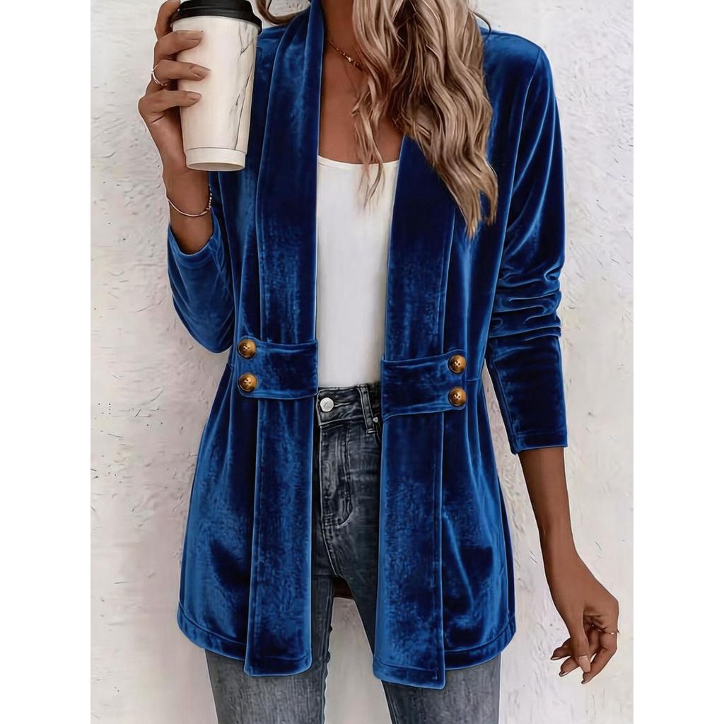 New Women's Double Breasted Decor Velvet Cardigan, Lazy Style Versatile Mid-length Top