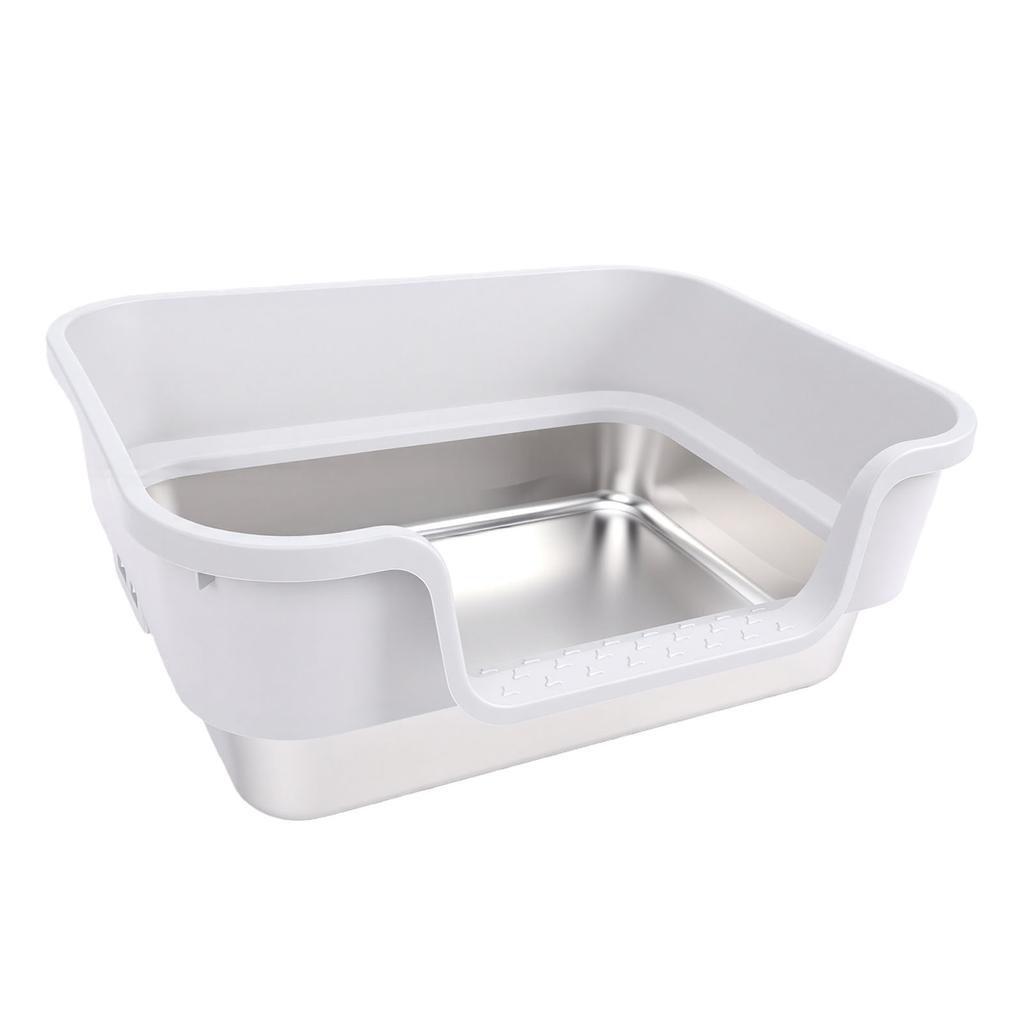 Stainless Steel Cat Litter Box Low Side Entry Litter Box High Side Spill Proof Cat Litter Box for Home Light Grey