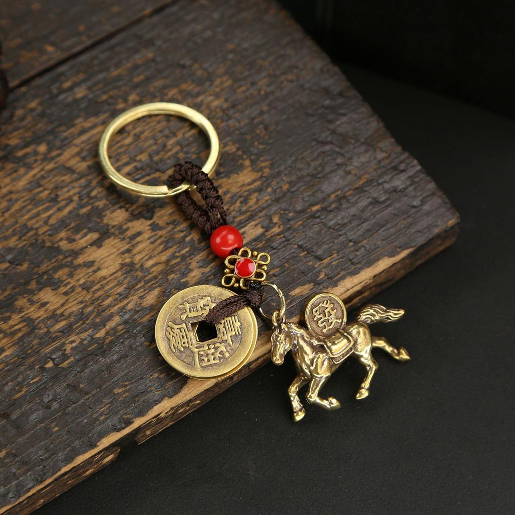 New Year Horse Lucky Pendant Keychain Pi Xiu Feng Shui Wealth Key Ring Vintage Red String Knot Bag Charm Jewelry Gift