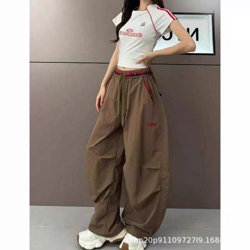Coffee embroidered scimitar pants men's and women's quick-drying tooling pants loose and lazy paratrooper wide-leg trousers