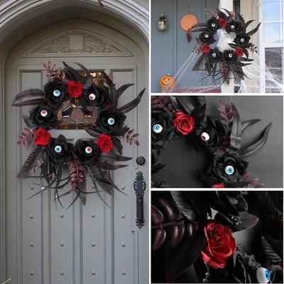 Gotico Balck Rose Wreath Halloween Eyeball Wreath Black Rose for Front Door Window Mantle Indoor Outdoor Halloween