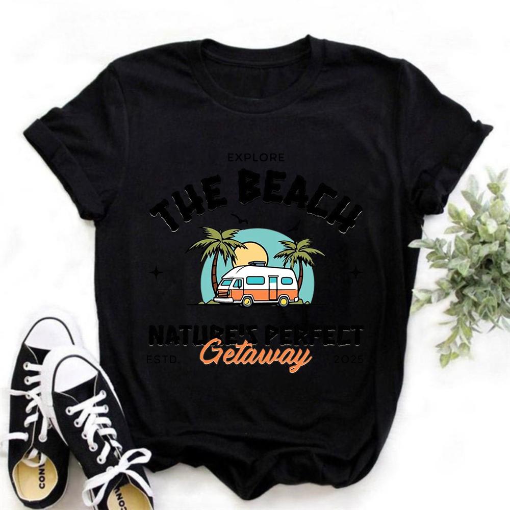 Vintage Black Oversized T-Shirt Retro Adventure Camper Van Camping Print Streetwear Cotton Short Sleeve Tee