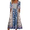 Summer Lady Dress Pleated Ethnic Style Print A-line Loose Hem Side Pockets Round Neck Soft Bohemian Short Sleeves Mid-calf Length Women Daily