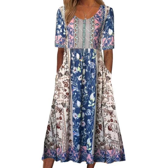 Summer Lady Dress Pleated Ethnic Style Print A-line Loose Hem Side Pockets Round Neck Soft Bohemian Short Sleeves Mid-calf Length Women Daily