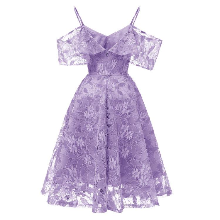 Bright Deer Women Cold Shoulder Bridesmaid Dress Floral Crochet Lace Ruffle Cami Strap Midi Dress for Wedding Evening Formal Party Cocktail Occasions