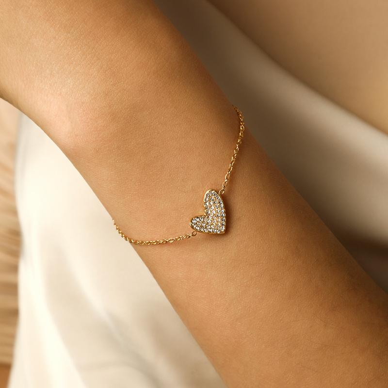 Elegant Micro Pave Zirconia Collarbone Necklace Bracelet Set Heart Pendant Jewelry For Women Gift