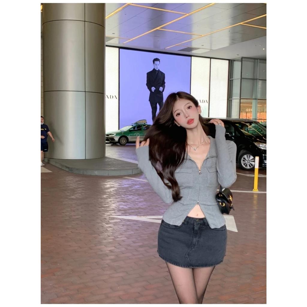 Women T-shirt Spring Autumn Clothes Ribbed Knitted Long Sleeve Short Tops Zipper Design Tee Sexy Female Slim Tops
