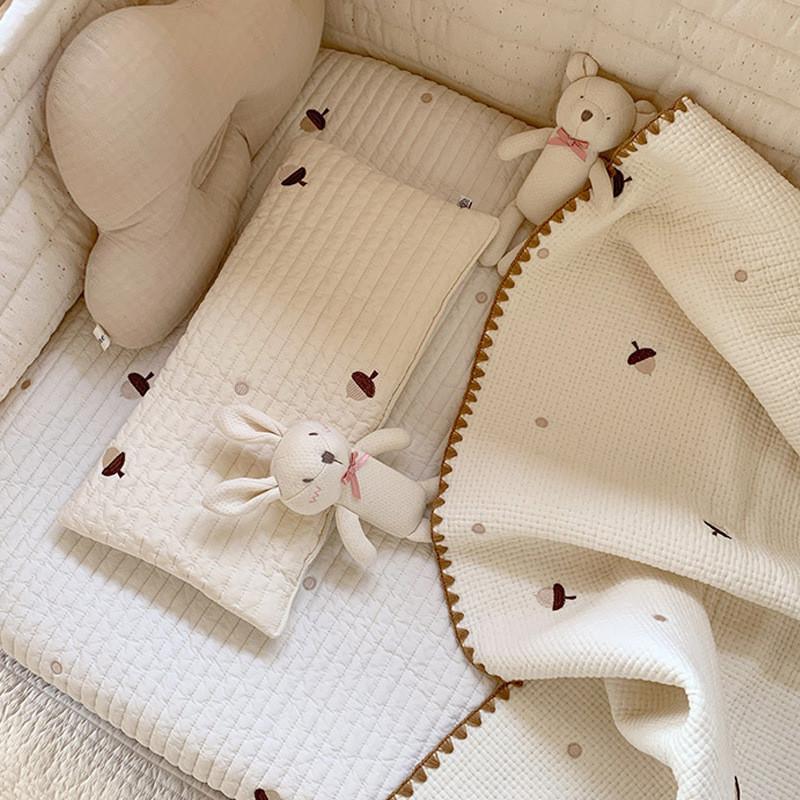 Newborn Pure Cotton Flat Pillow Quilted Cartoon Squirrel Bear Embroidery Breathable Soft for Baby Comfortable Sleep Essential