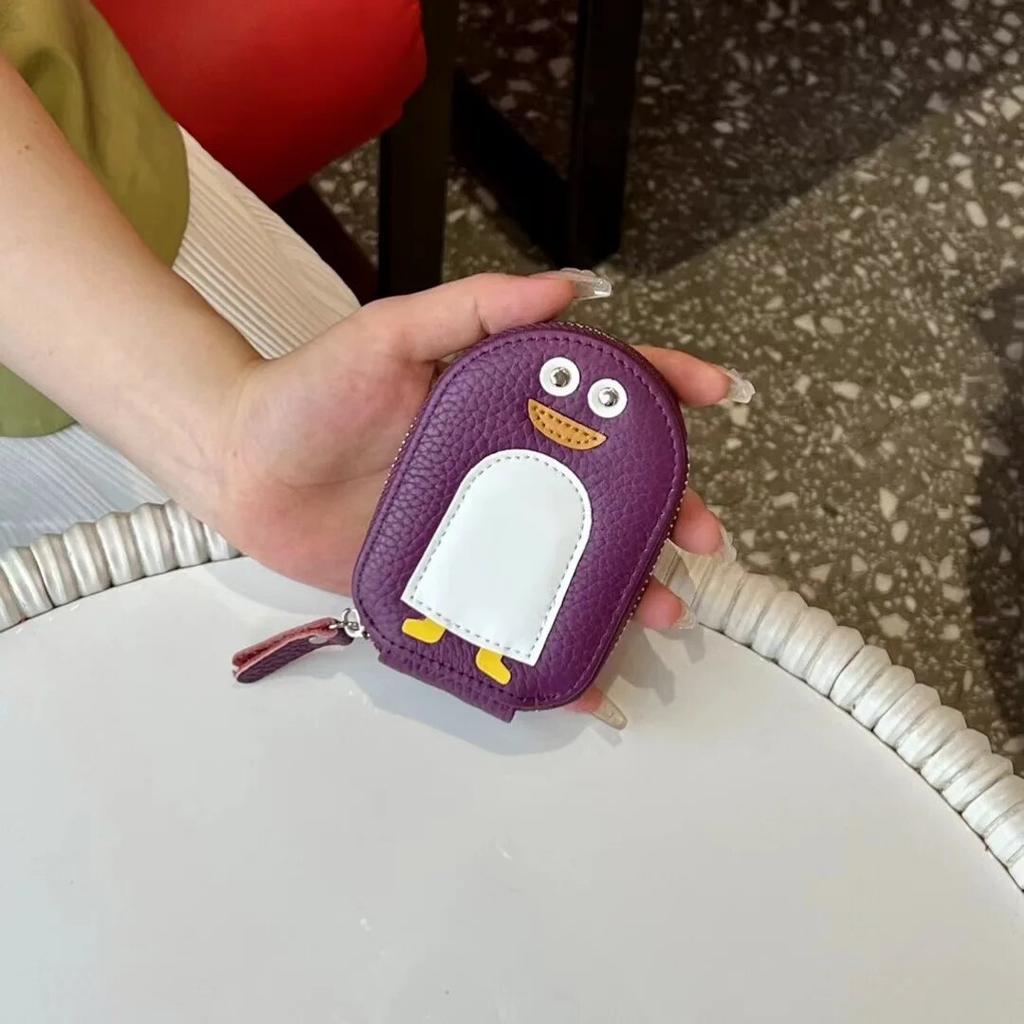 Small Penguin Shape Card Holder Coin Purse Cartoon Cute Genuine Cow Leather Zipper Purses Mini Wallet
