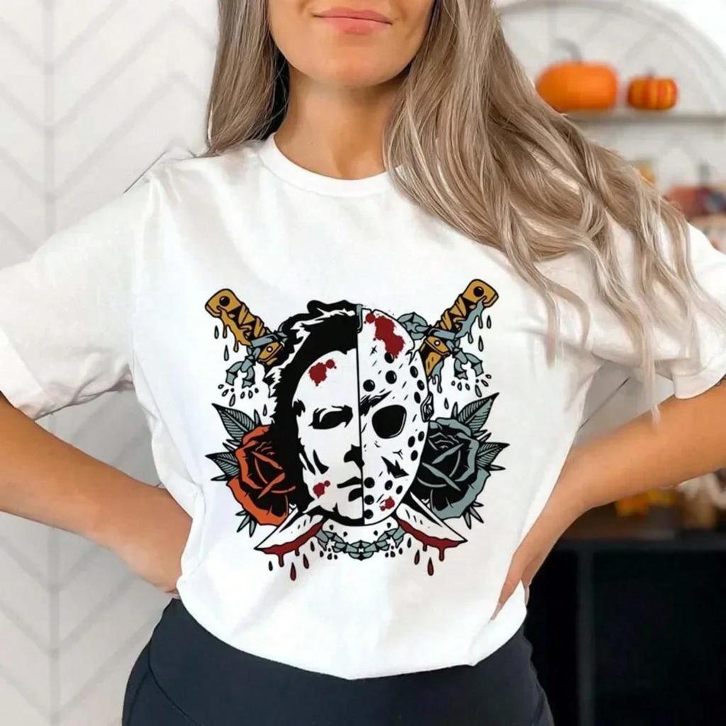 New Retro Halloween T-Shirt Fun Print Cartoon Street Casual Style Top Wounisex's Print Fashion Versatile Loose T-Shirt.