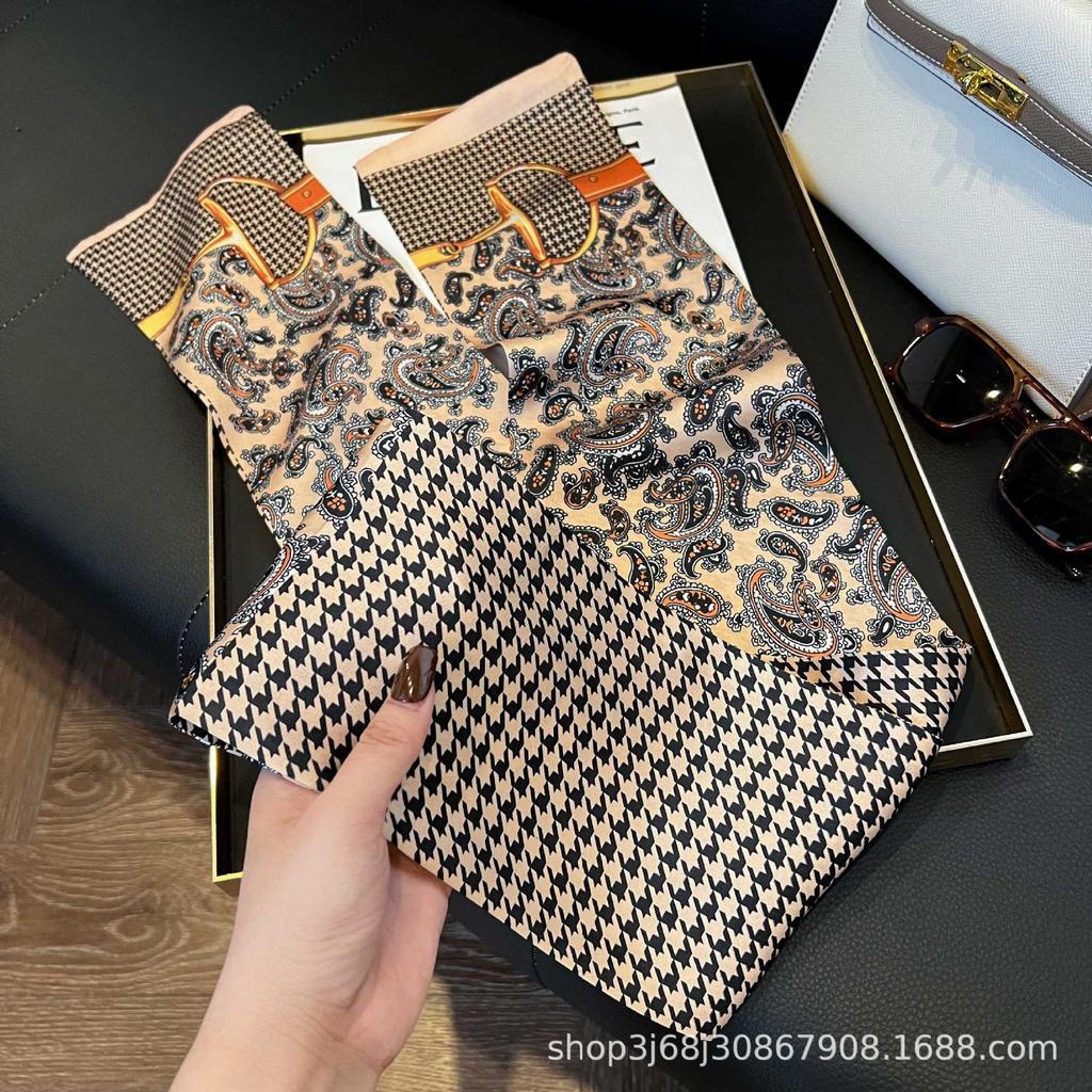 Long Silk Scarf Women's New Small Silk Scarf Printing Simulation Silk Tied Bag Streamer Explosion Sweet Little Scarf