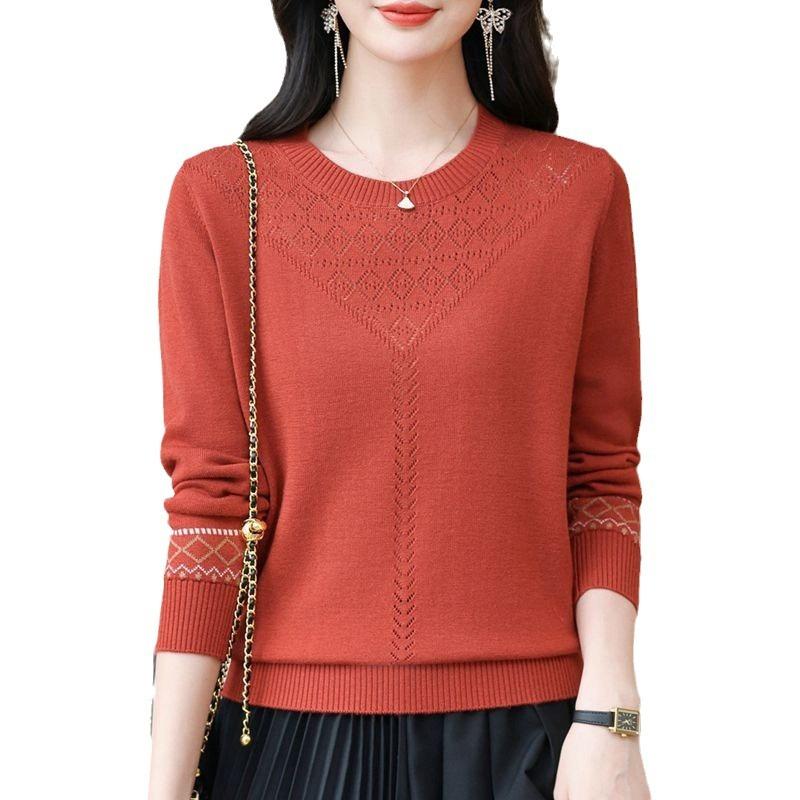 Thin Knitted Sweater Women's Spring Pullover Loose Version Fashion Mother Temperament Hollow Round Neck Long Sleeve Top Women's Front Shoulder