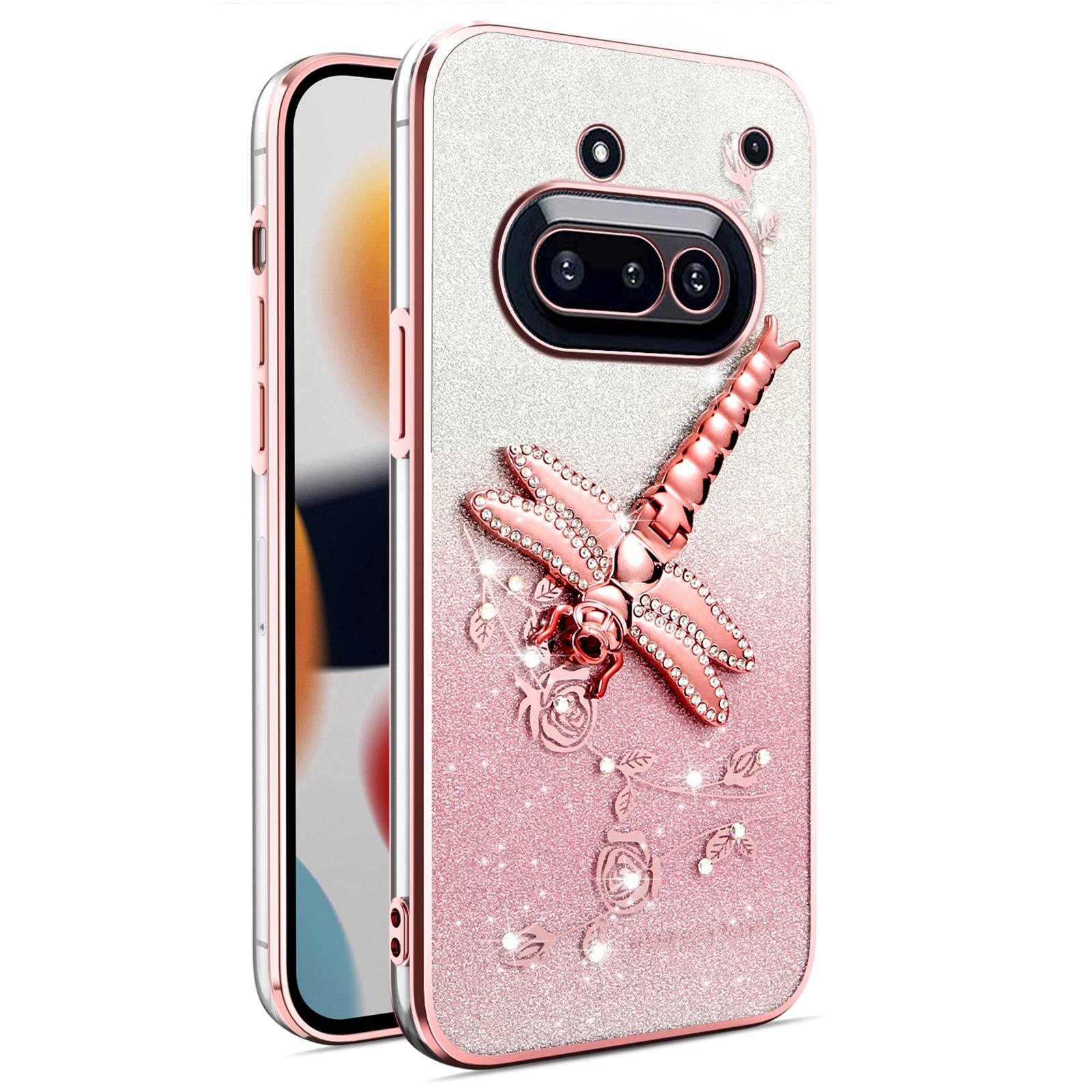 

For Nothing Phone (3a) Case Dragonfly Kickstand TPU Flowers Glitter Phone Cover Pink