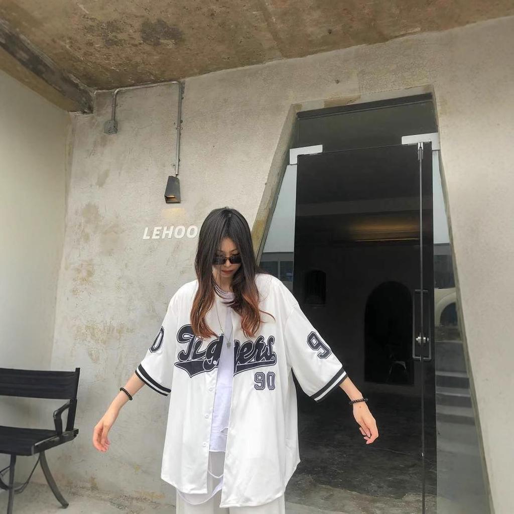 Women's Collarless Short Sleeve Button Up Shirt Loose Fit Vintage Letter Printed Baseball Jacket Top