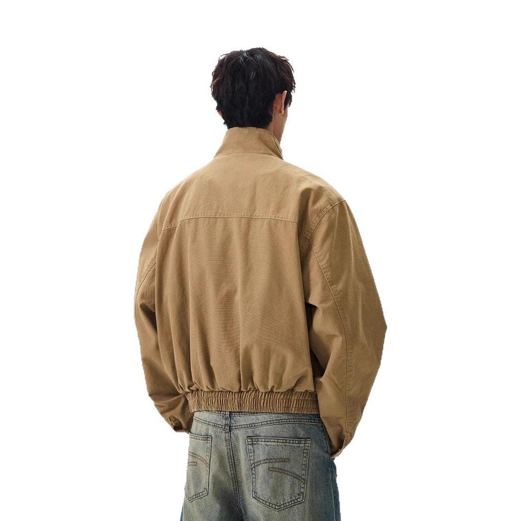 Unisex American Retro Canvas Bomber Jacket - Washed & Distressed Stand-Up Collar