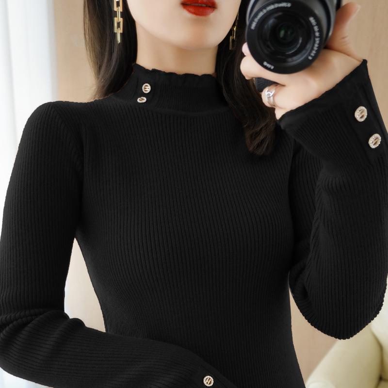 

Вязаная базовая рубашка осень-зима новая полуводолазка свитер женский пуловер свитер с длинным рукавом приталенный топ на пуговицах One Size чёрный