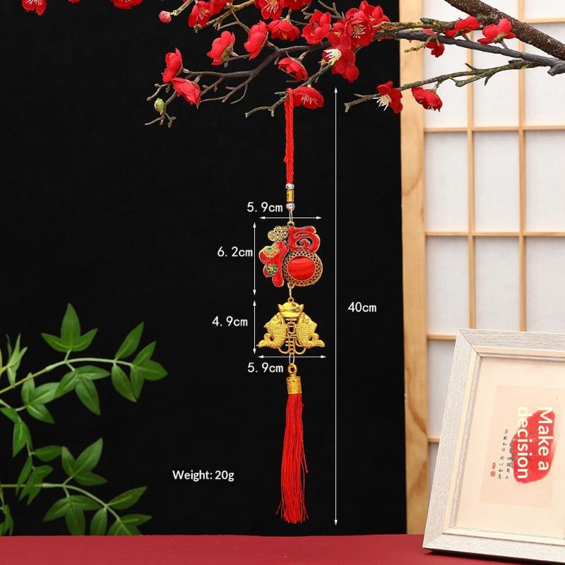 Lunar New Year Lucky Hanging Ornament with Red Tassel Golden Charm Festive Portable Decor for Travel Hotel Room Spring Festival