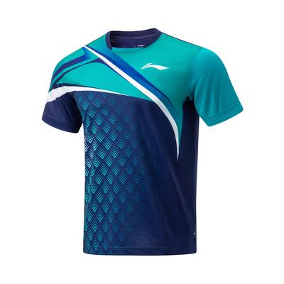 Tischtennis Serie Rundhals Color Block Diamantdruck Schnelltrocknend Kurzarm T-Shirt Unisex Oberteile Blau AAYU033-2