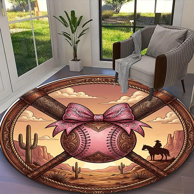 

Cute Pink Baseball Soccer Rug Ideal for Reading Room, Multi-purpose Office Chair Sofa Carpet, Anti-slip Printed Home Round Rug Diameter 60cm