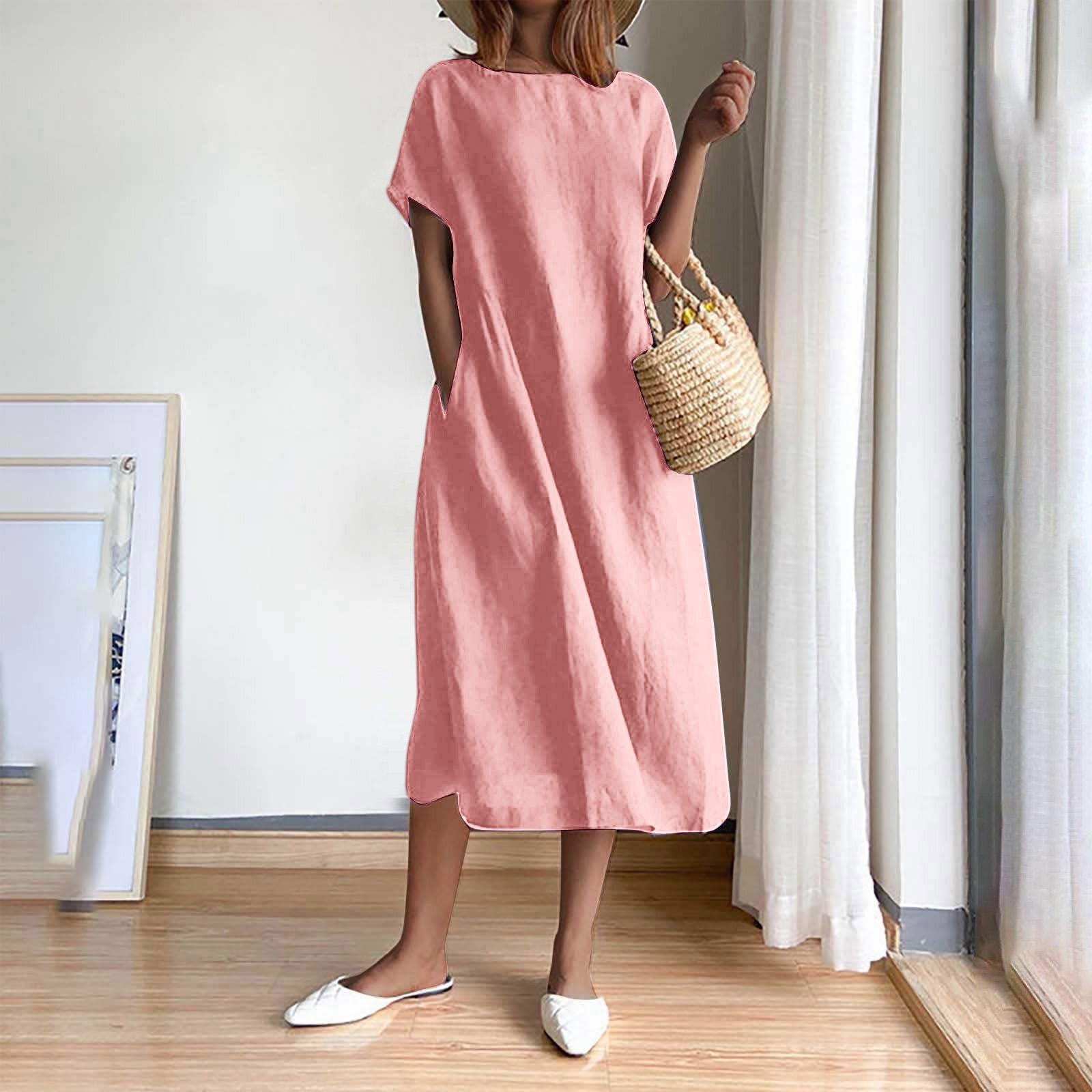 

Модное женское однотонное платье больших размеров с длинной свободной юбкой XL розовый