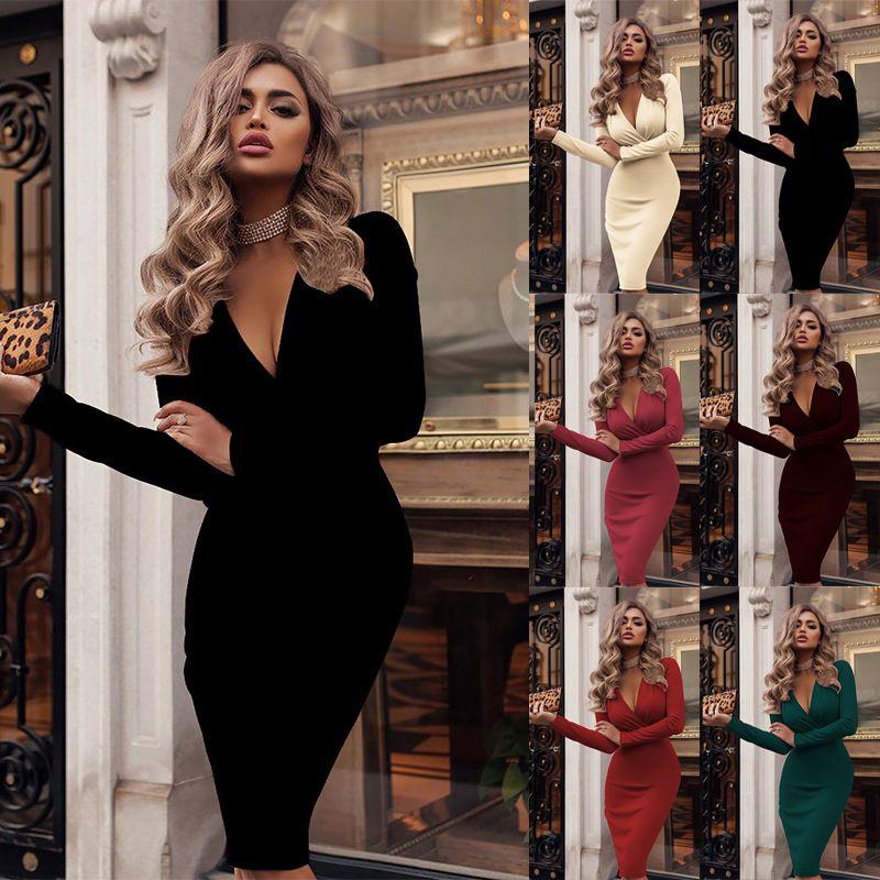 Neck Women V Long Sleeve Bodycon Sexy Dress Ladies Casual Evening Clubwear Party