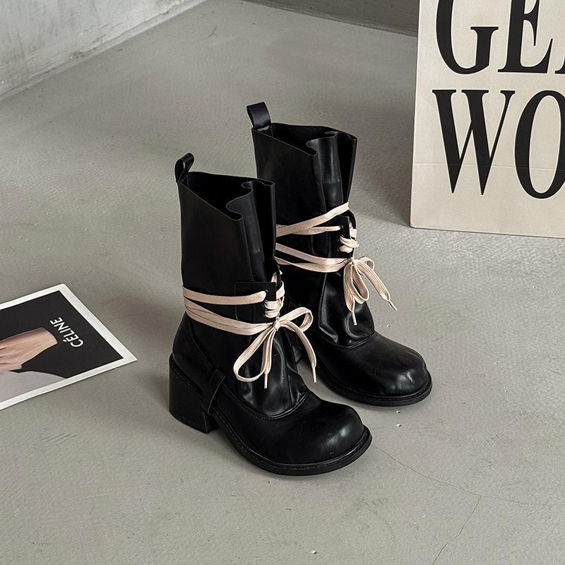 Vintage Spice Girls Short Boots Pile Boots Women's Thick Heel Skinny Fashion High Heel Boots Spring Summer Bundle Strap Martin Boots