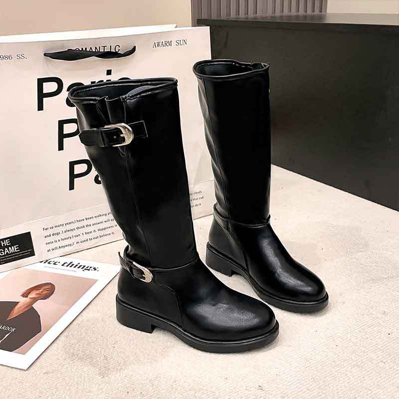 Belt buckle thick heel western cowboy boots women's 2025 new autumn and winter retro color matching boots tall knight boots